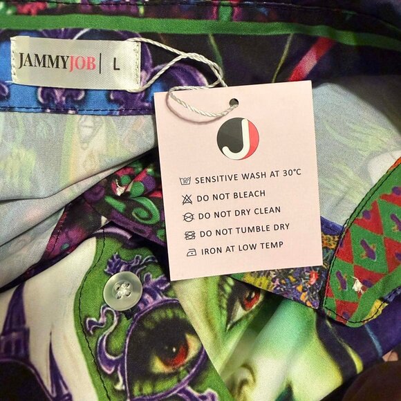 NWT JammyJob Mardi Gras Shirt Size L — Mask Graphic Button Front Top | Gift Idea - Picture 6 of 8